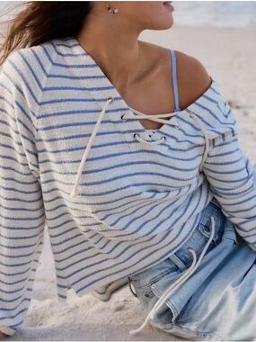 Aerie Oversized Striped Lace-Up Nautical Sweater — Blue & Cream